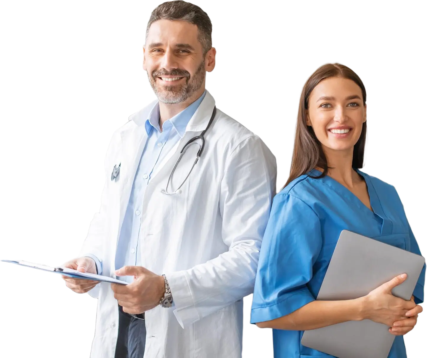 Doctor and nurse holding tablets and smiling