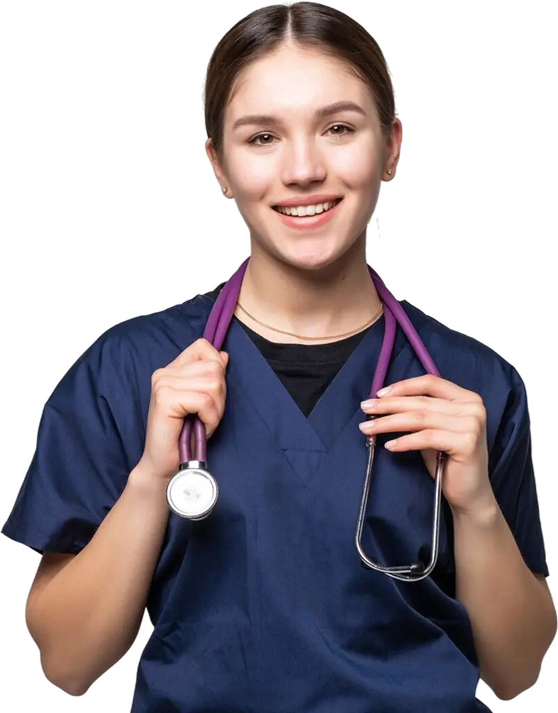 Nurse with a stetoscope around her neck, smiling at the camera