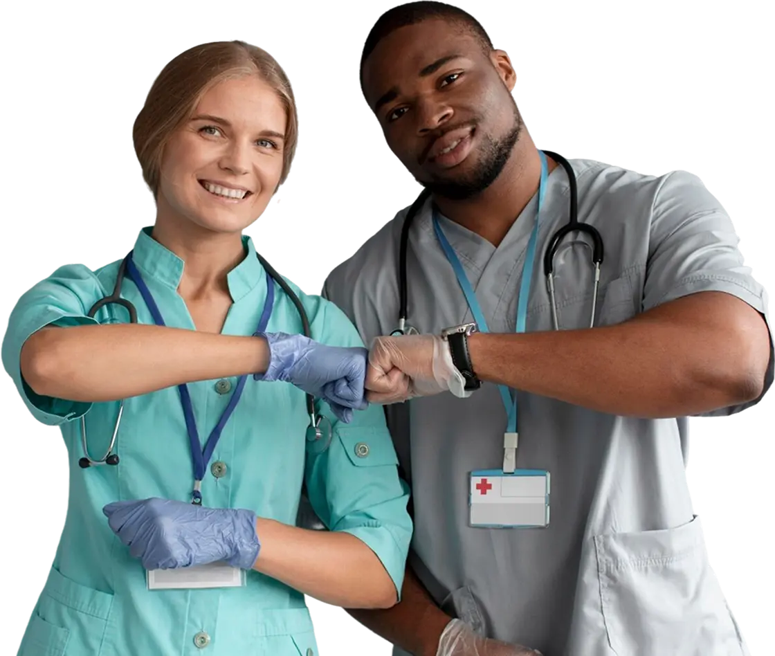 Female and male nurse doing a fist pump